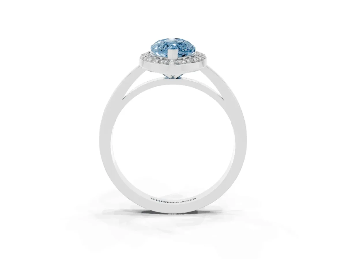 Fancy Blue Marquise Cut Halo Diamond Ring with Solitaire Band and Prong Setting Platinum
