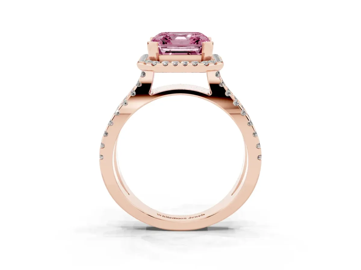 Fancy Pink Asscher Cut Diamond Halo Ring with Split Shank Pavé Band and Prong Setting Rose gold