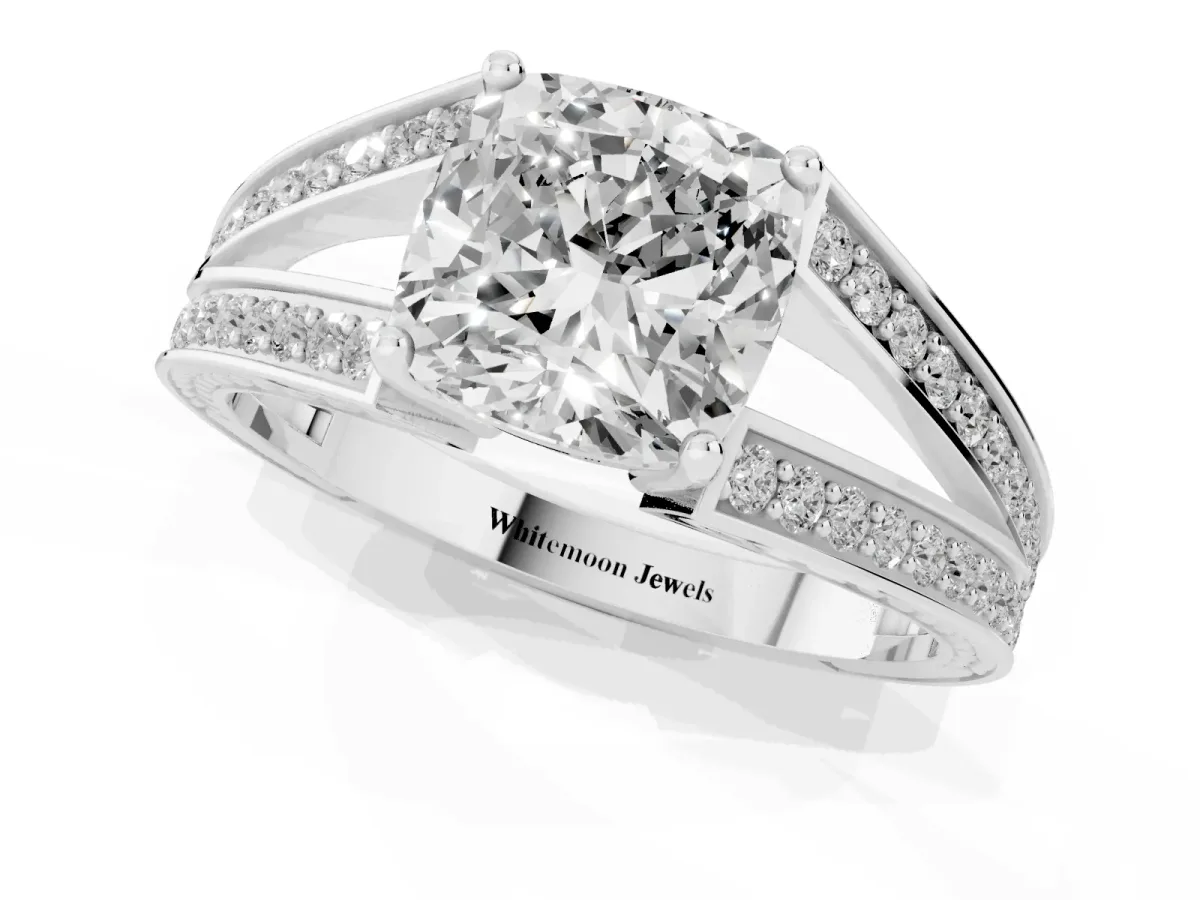 Cushion Cut Diamond Split Shank Ring with Pavé Band and Four-Prong Setting Silver
