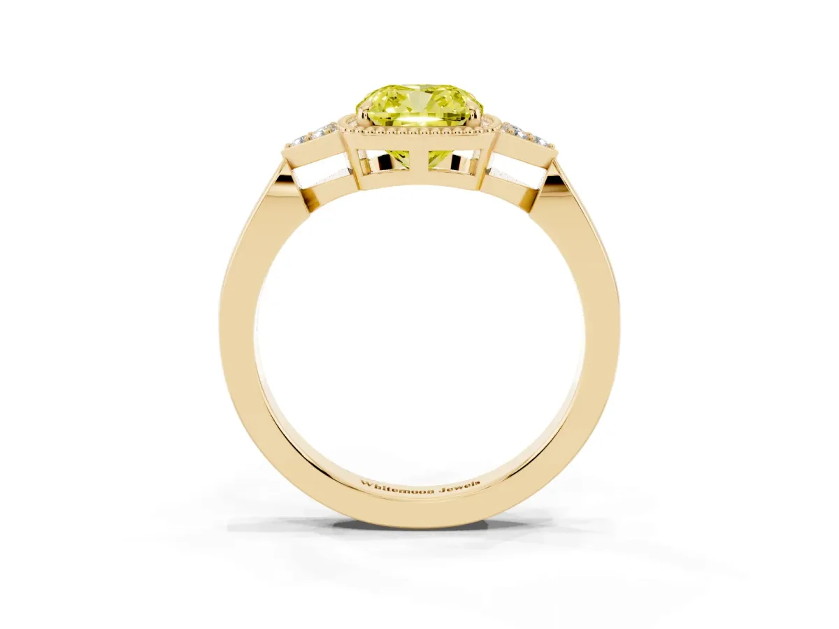 Fancy Yellow Hexagonal Halo Cushion Cut Diamond Solitaire with Pavé Band and Four-Prong Setting Yellow gold