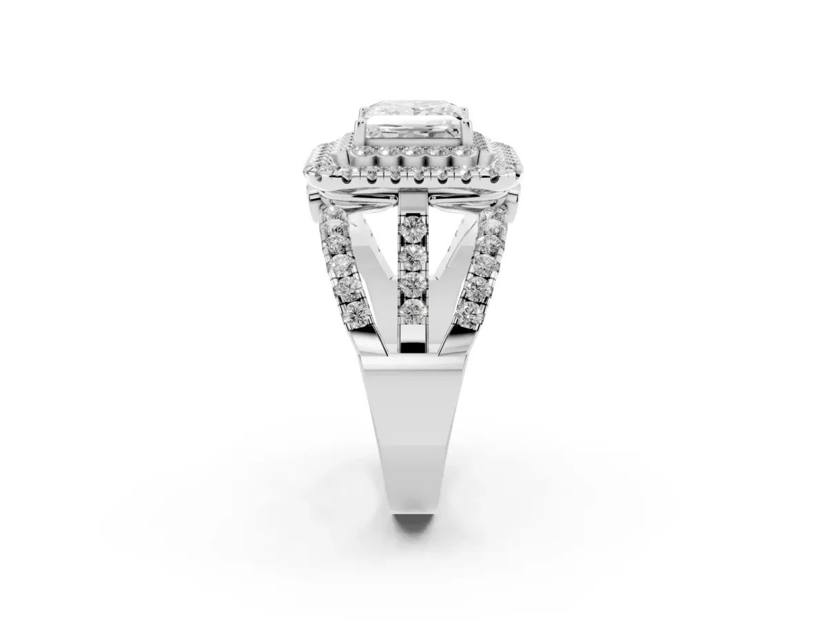 Princess Cut Diamond Double Halo Ring with Round Pavé Split Shank and Prong Setting Silver