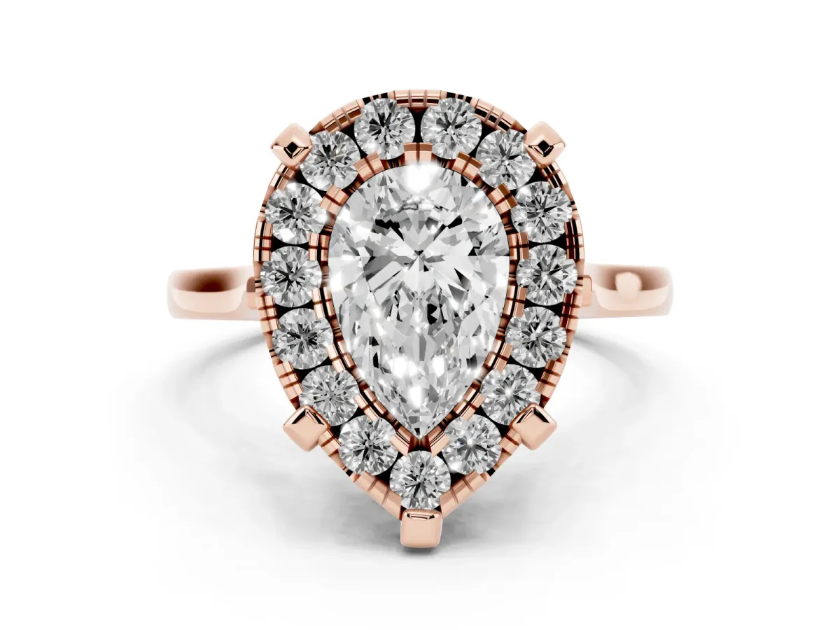 Pear Cut Diamond Cluster Halo Solitaire with Four-Prong Setting Rose gold