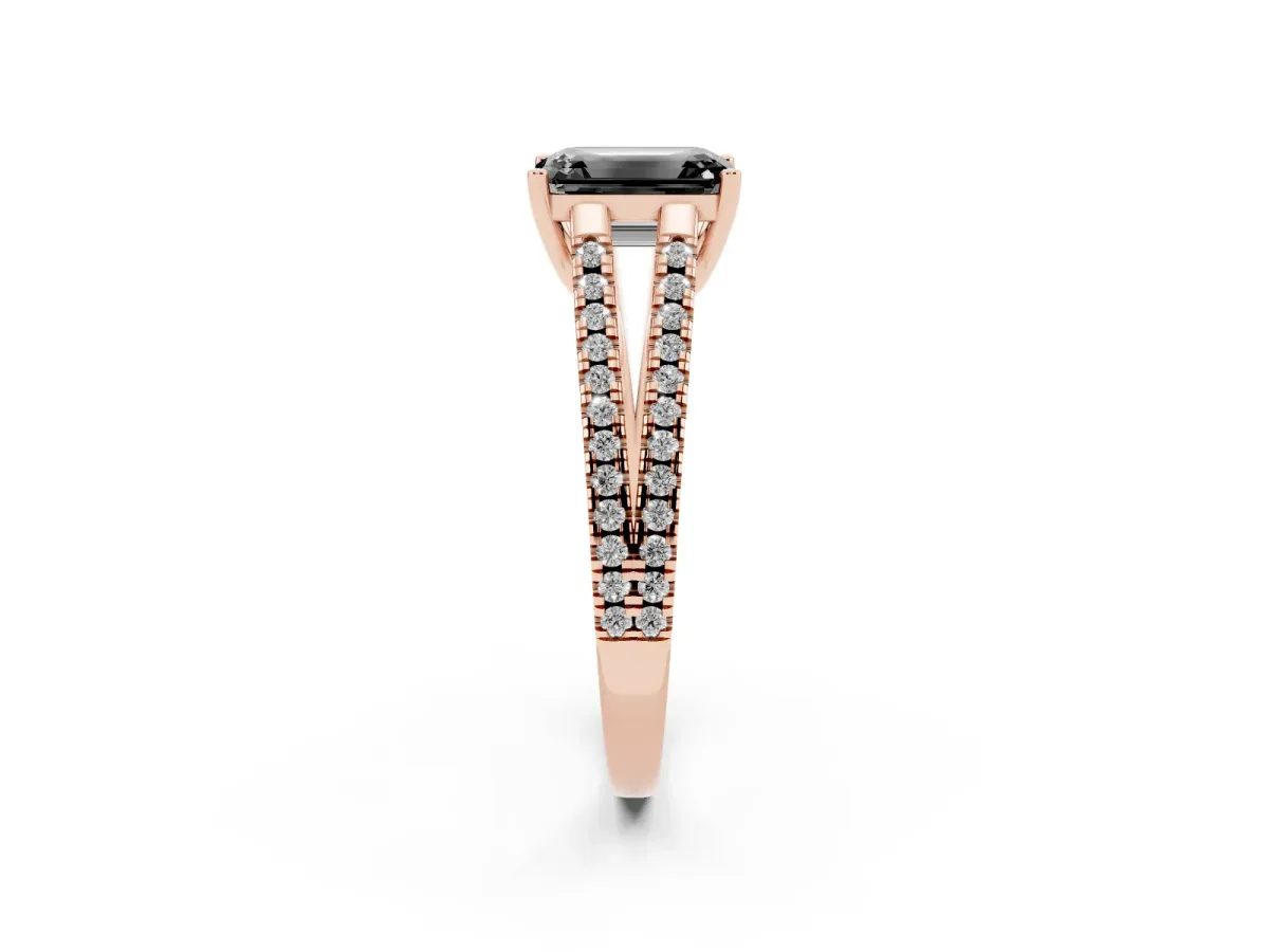 Fancy Black Emerald Cut Diamond Solitaire Engagement Ring with Split Shank Pavé Band Rose gold
