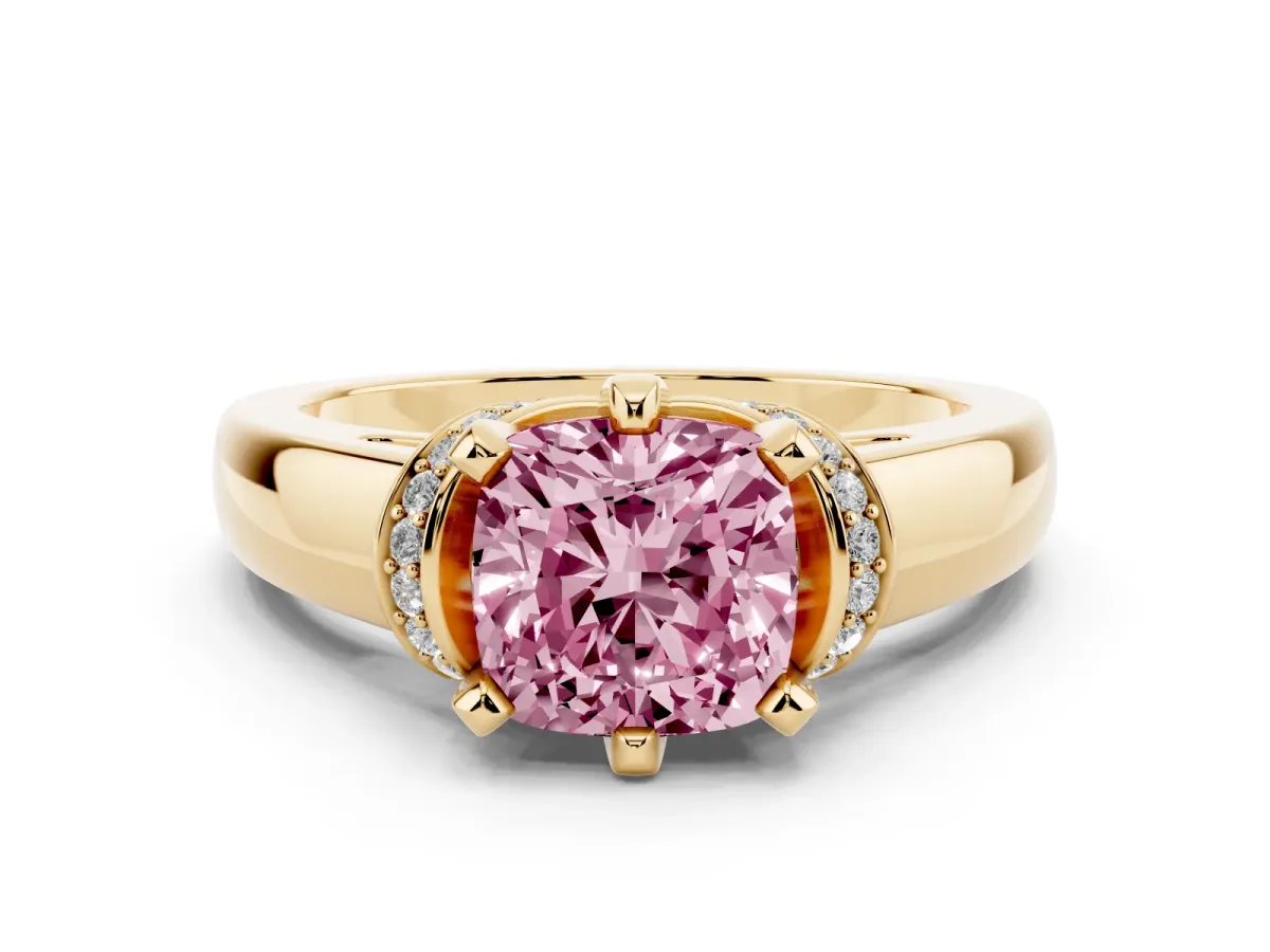 Fancy Pink Cushion Cut Solitaire Diamond Ring with Pave Band and Six-Prong Setting Yellow gold