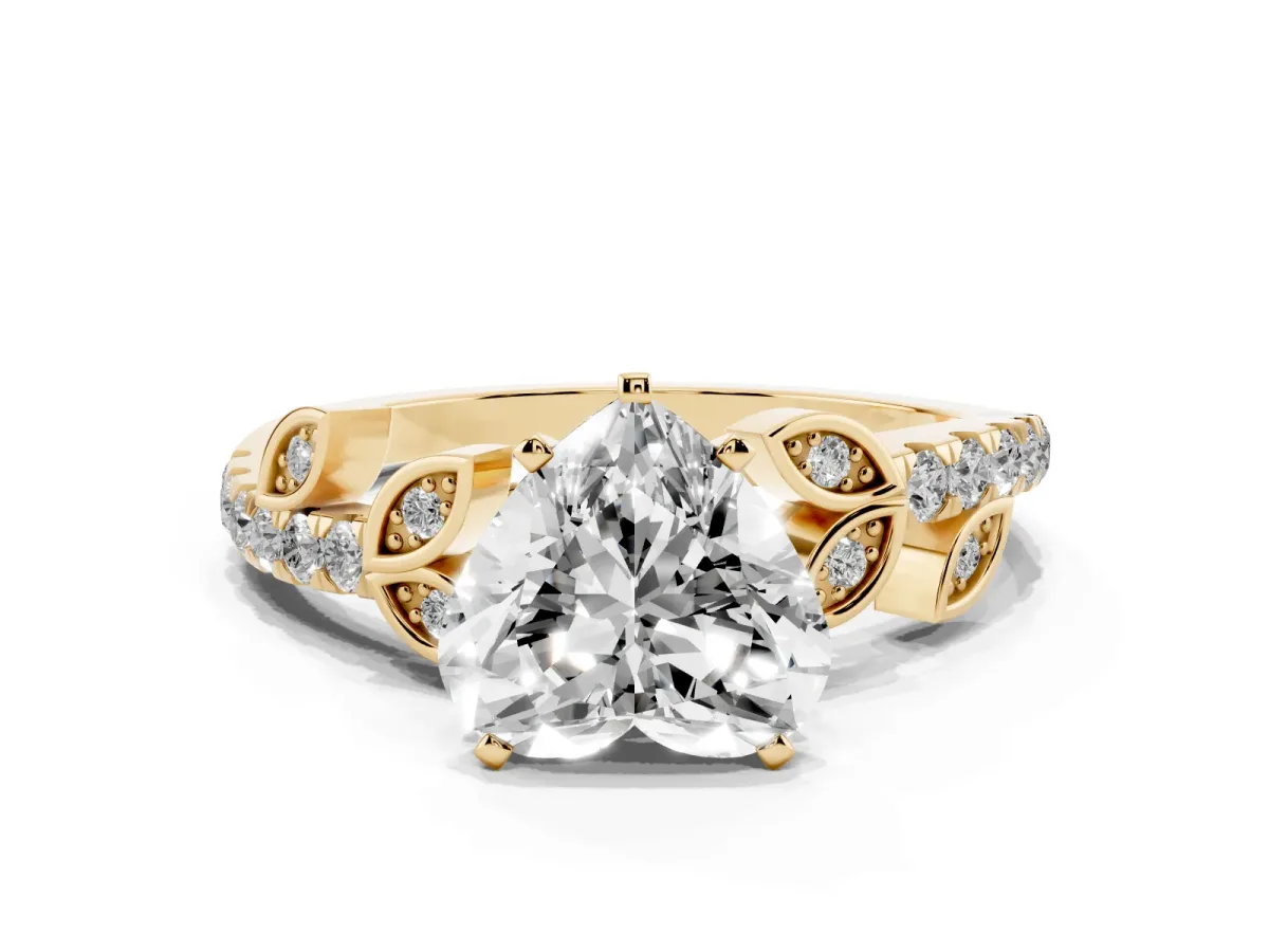 Heart Cut Solitaire Leaf-Inspired Diamond Ring with Pavé Band and Four-Prong Setting Yellow gold