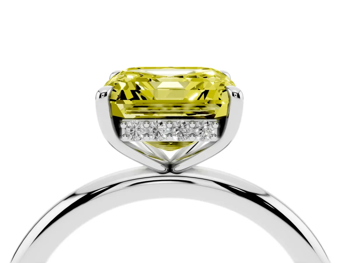 Fancy Yellow Asscher Cut Diamond Solitaire Ring with Thin Band and Four-Prong Setting Silver