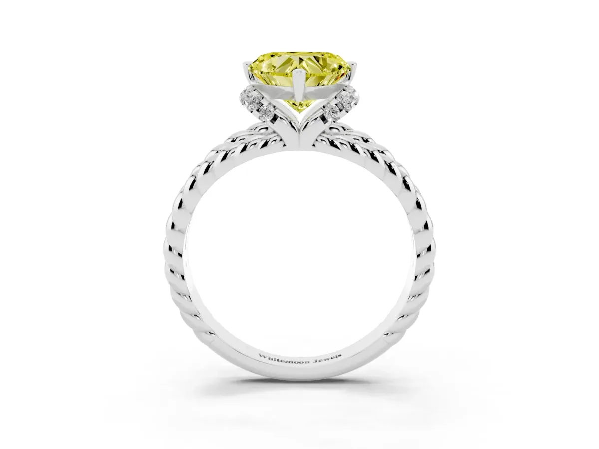 Fancy Yellow Heart Cut Halo Twisted Band Four-Prong Ring Platinum