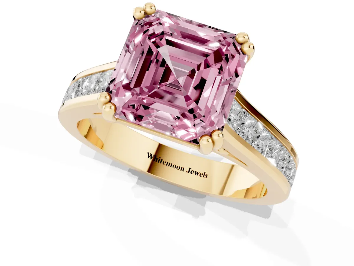 Fancy Pink Asscher Cut Cut Channel Set Solitaire Engagement Ring with Prong Setting Yellow gold