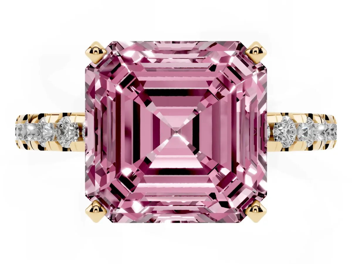 Fancy Pink Asscher Cut Diamond Solitaire Ring with Round Pavé Band and Four-Prong Setting Yellow gold