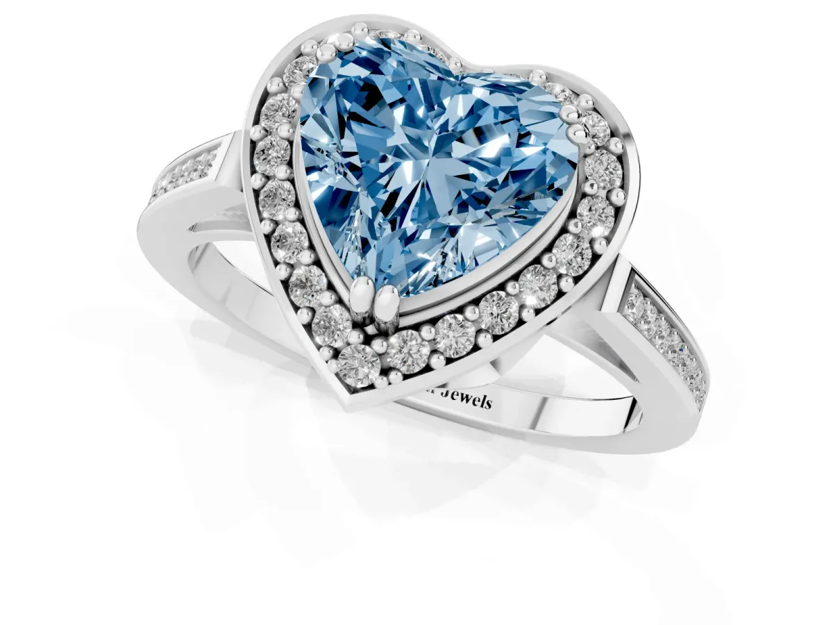 Fancy Blue Heart Cut Diamond Halo Ring with Split Shank and Four-Prong Setting Silver