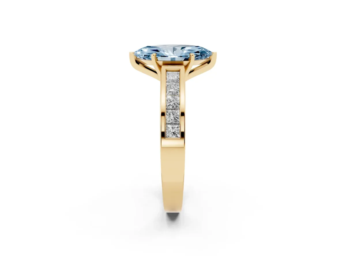Fancy Blue Marquise Cut Solitaire Diamond Ring with Channel-Set Band and Four-Prong Setting Yellow gold