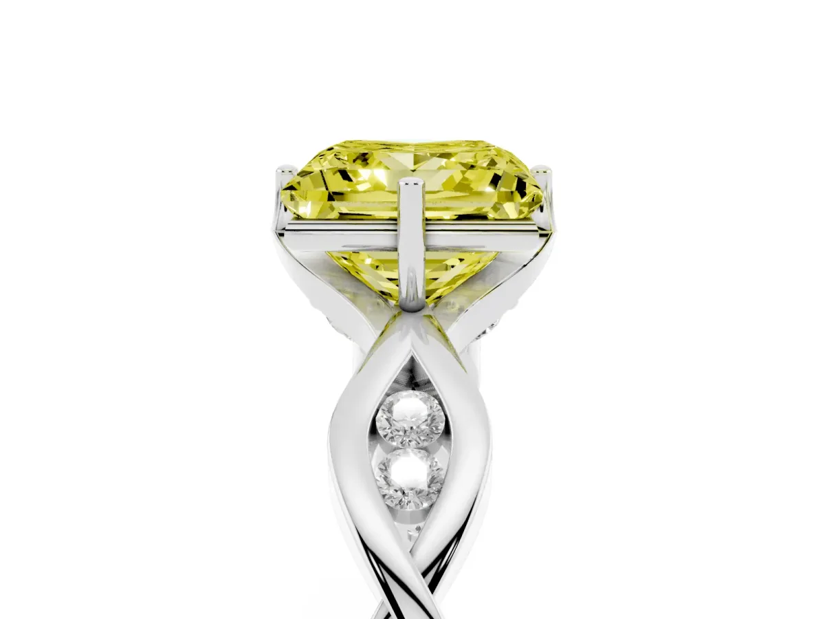 Fancy Yellow Princess Cut Solitaire Twist Band with Leaf Prong Setting Silver