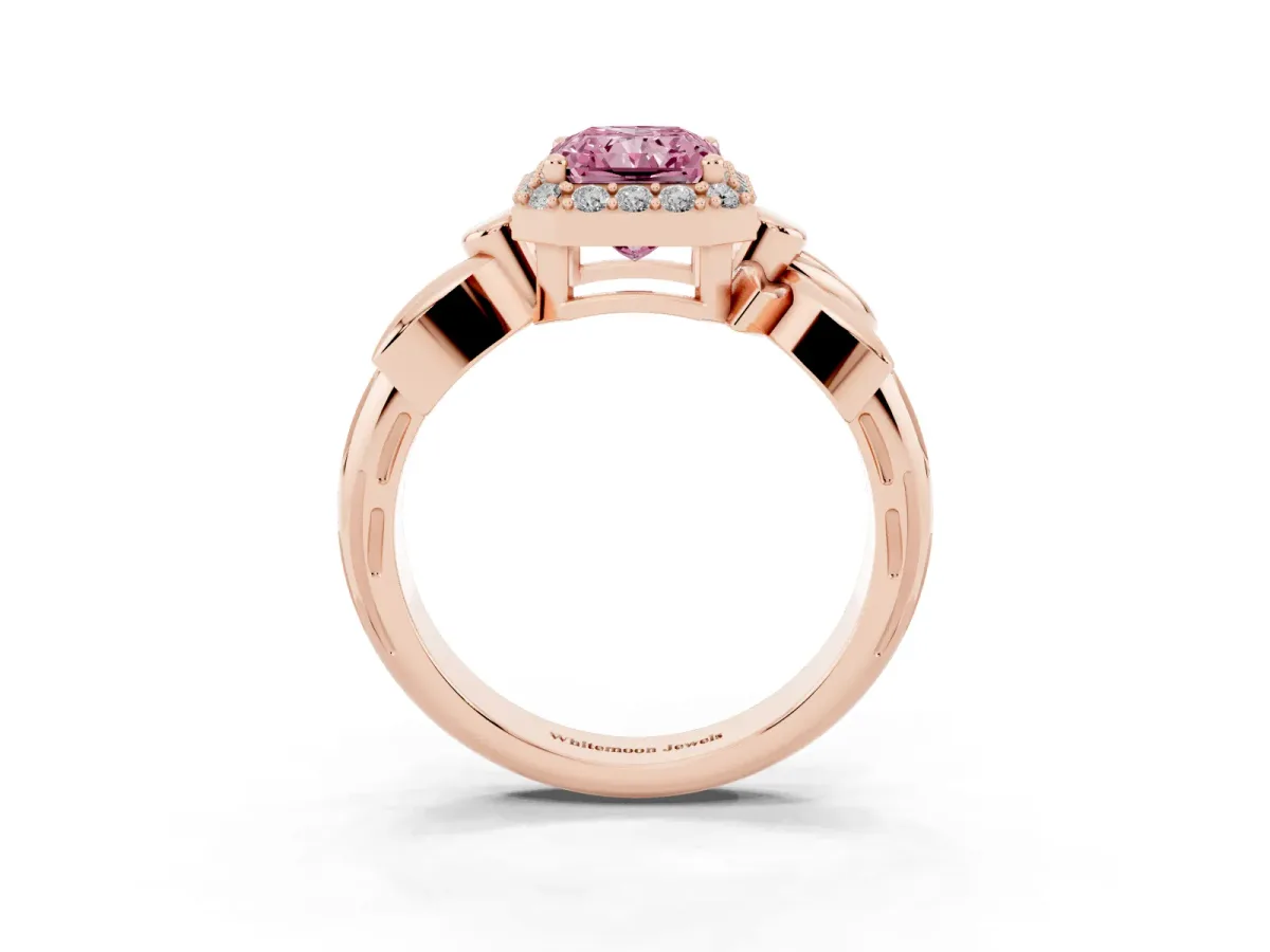 Fancy Pink Radiant Cut Halo Diamond Floral Band with Four-Prong Setting Rose gold