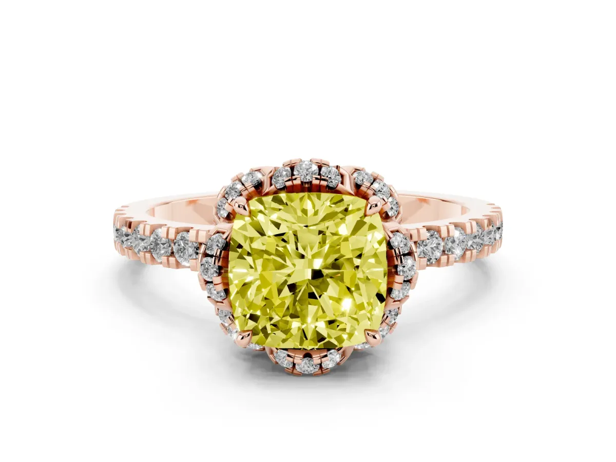 Fancy Yellow Cushion Cut Halo Diamond Pave Band Ring with Four-Prong Setting Rose gold