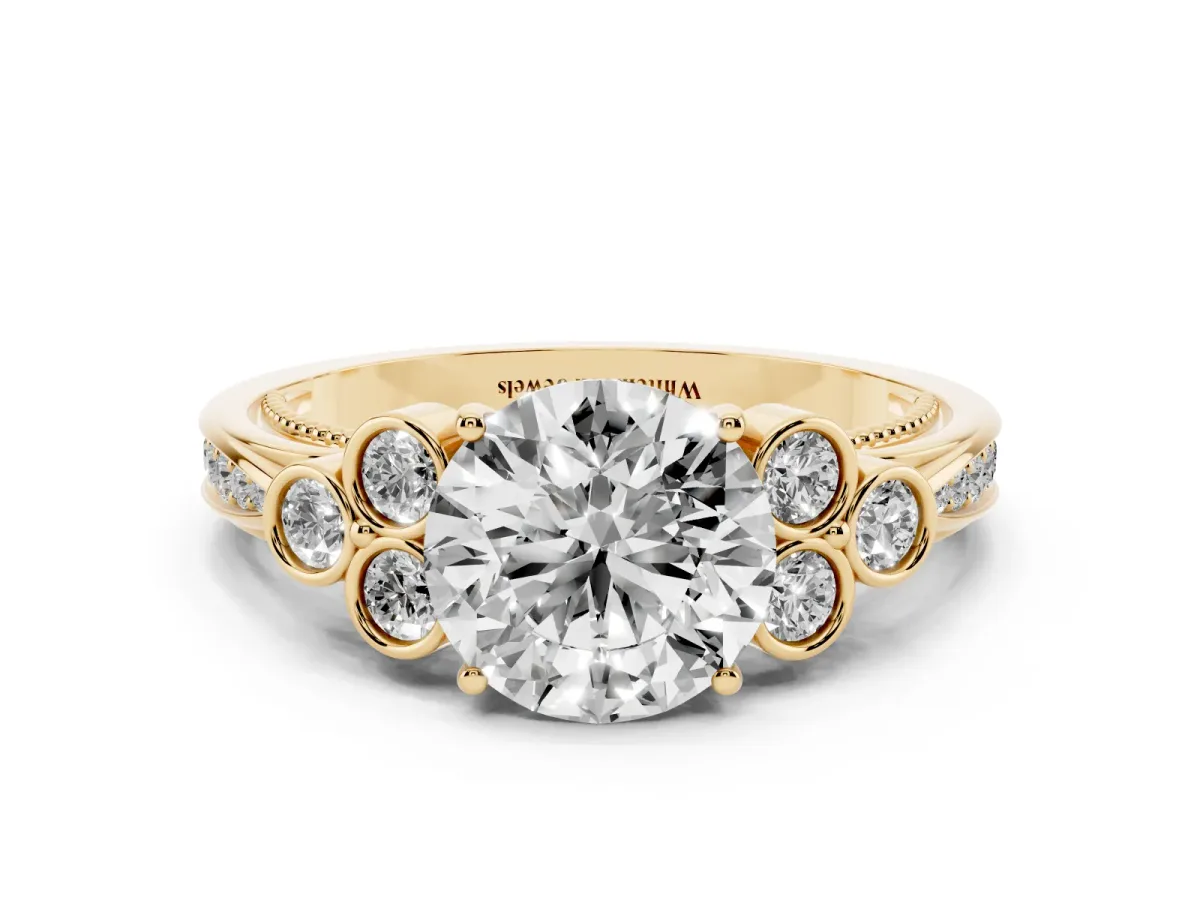 Round Cut Cut Diamond Engagement Ring with Bezel Set Round Side Stones and Prong Setting Yellow gold