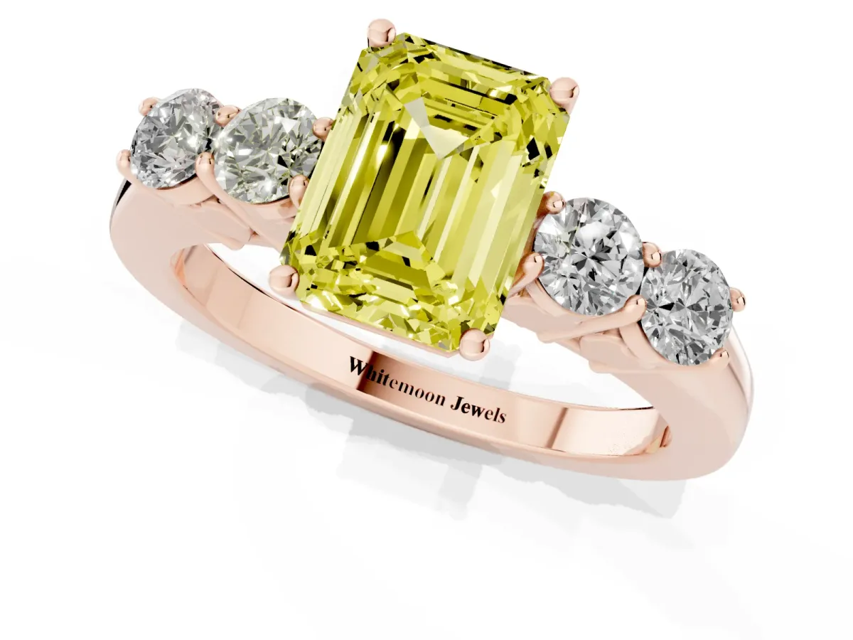 Fancy Yellow Emerald Cut Cut Diamond Five-Stone Prong Set White Gold Ring Rose gold