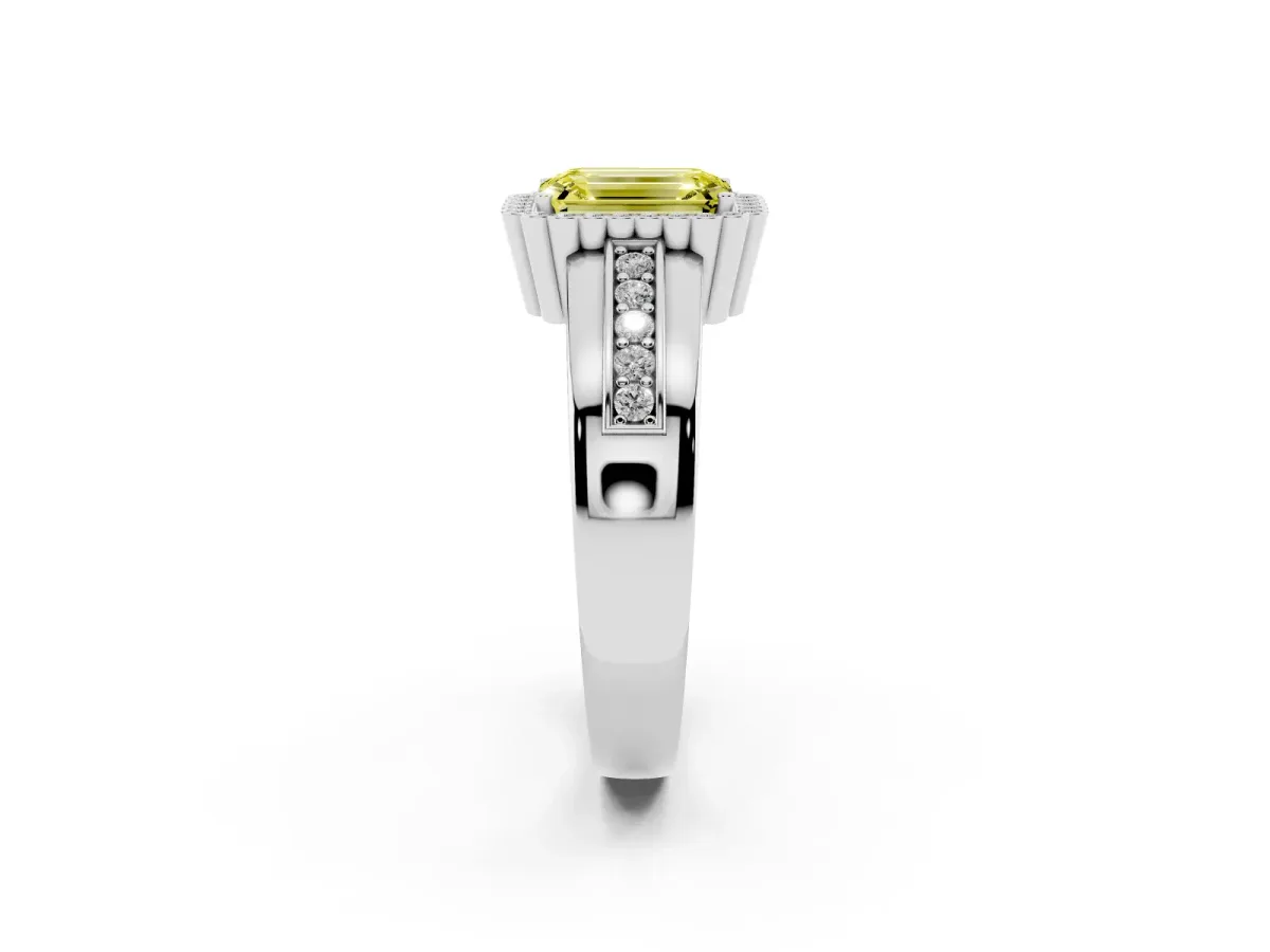 Fancy Yellow Emerald Cut Cut Halo Pave Band Four-Prong Ring Silver