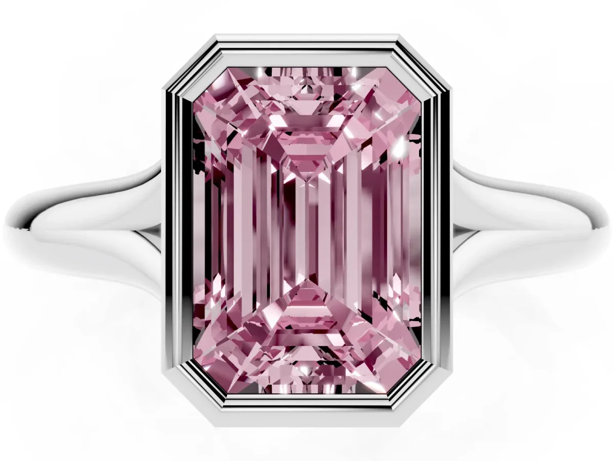 Fancy Pink Bezel Set Emerald Cut Solitaire Diamond Ring with Smooth Band Silver