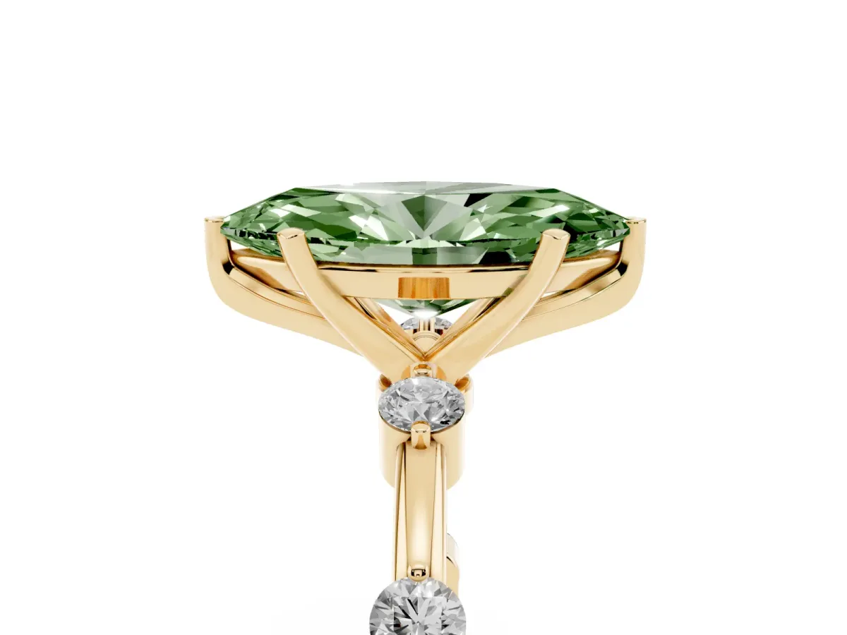 Fancy Green Marquise Cut Solitaire Diamond Ring with Bezel Set Side Stones and Prong Setting Yellow gold