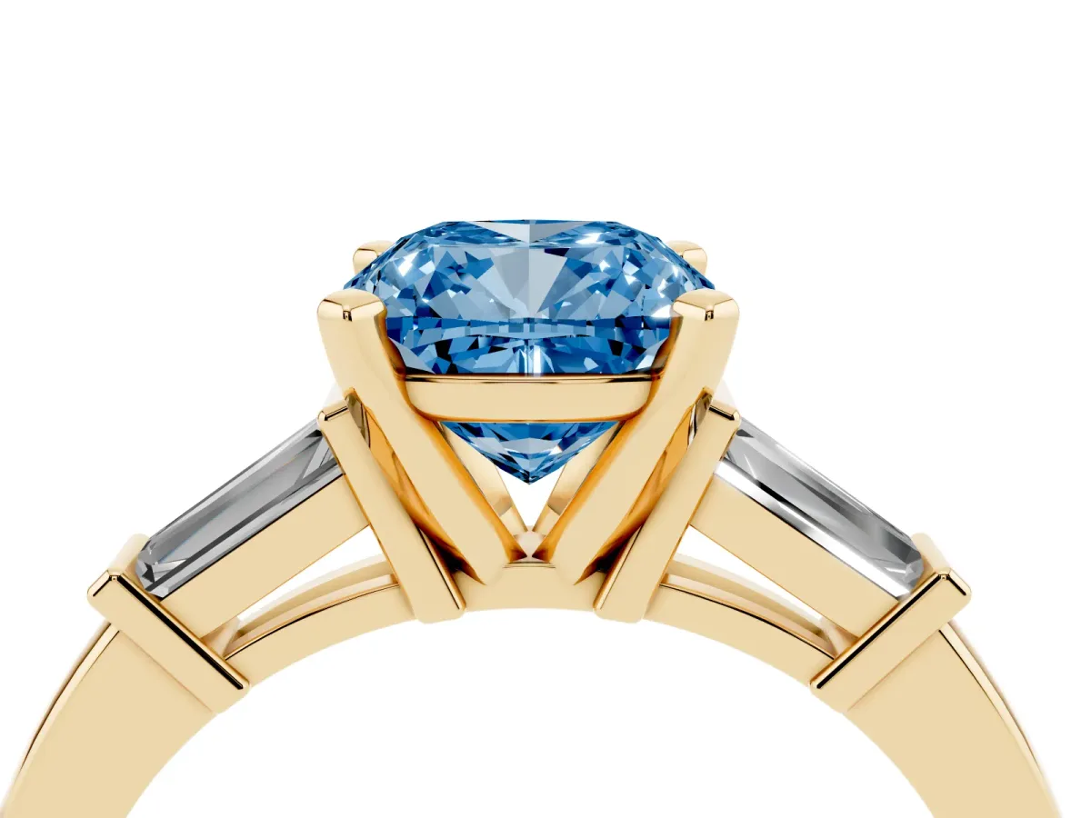 Fancy Blue Cushion Cut Cut Diamond Solitaire Ring with Tapered Baguette Accents and Four-Prong Setting Yellow gold