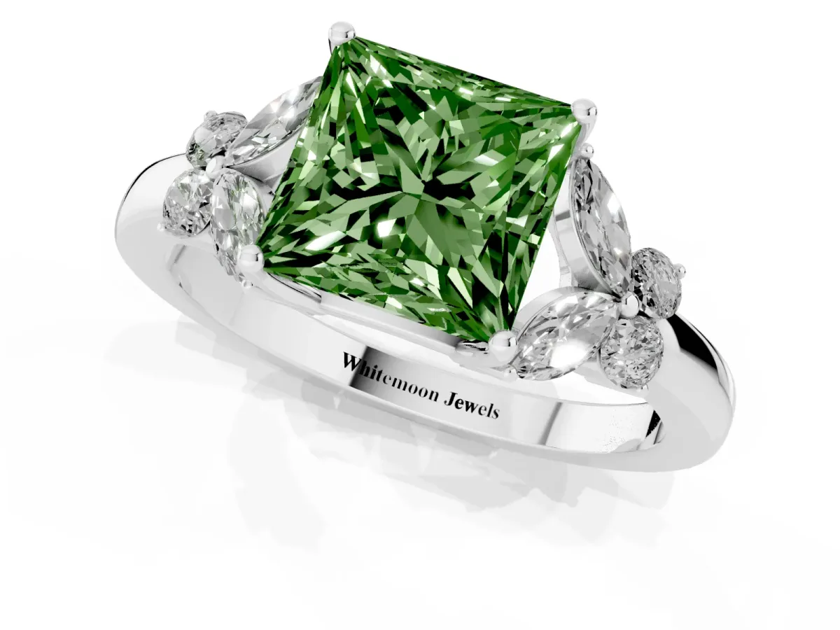 Fancy Green Princess Cut Cut Solitaire Floral Diamond Ring with Four-Prong Setting Silver