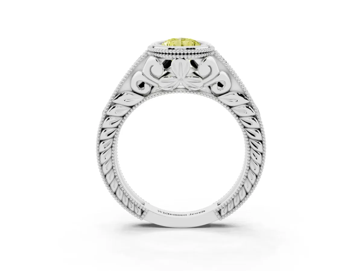Fancy Yellow Bezel Set Pear Cut Diamond Milgrain Pave Engagement Ring Platinum
