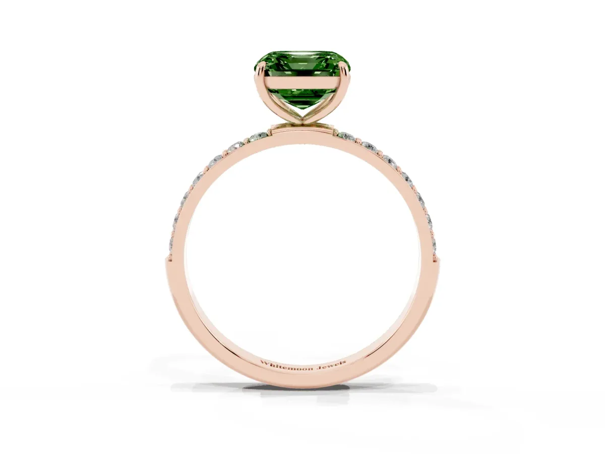 Fancy Green Asscher Cut Diamond Solitaire Ring with Round Pavé Shoulders and Prong Setting Rose gold