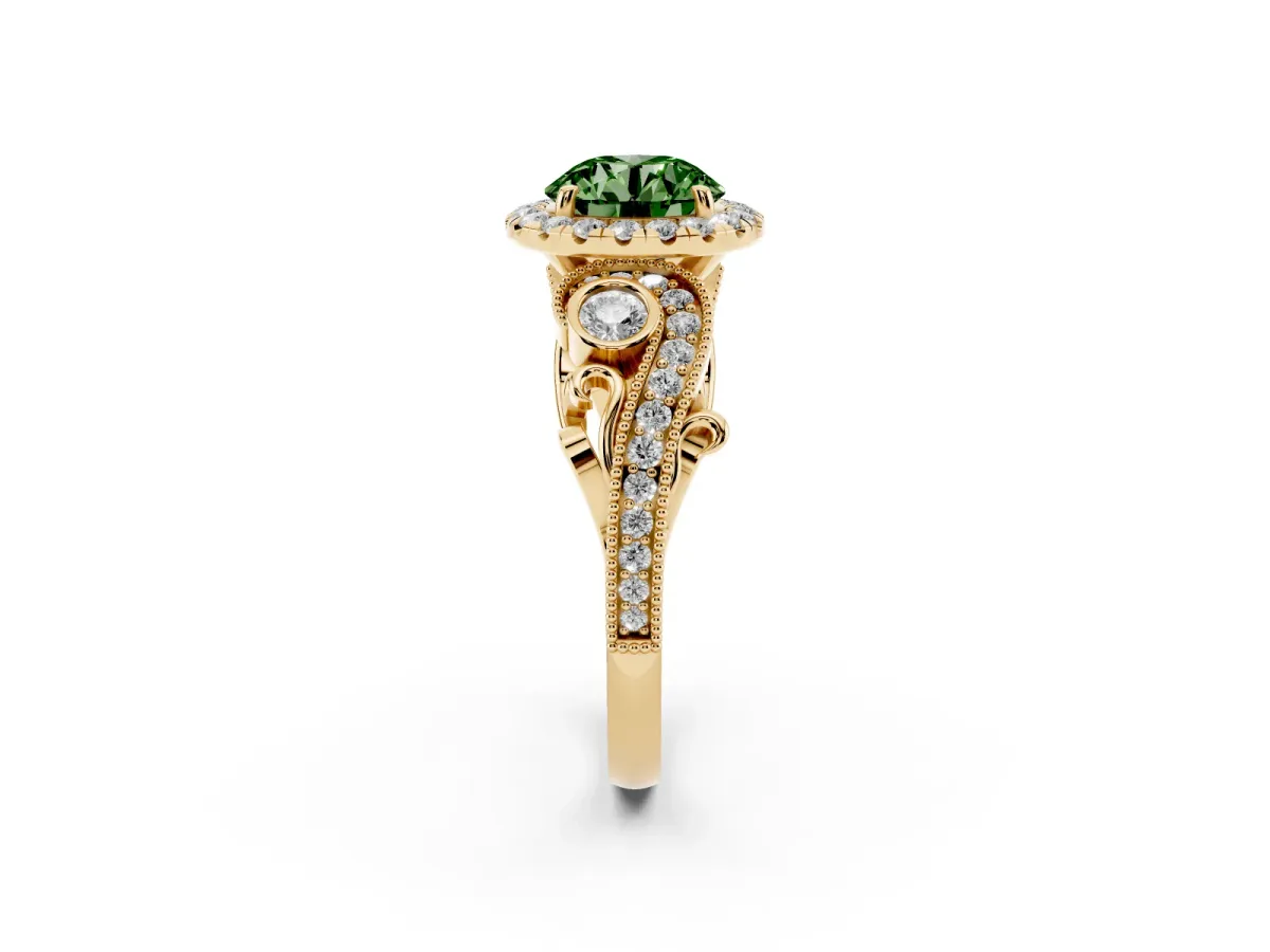 Fancy Green Round Cut Halo Diamond Ring with Milgrain and Bezel Accents on a Split Shank Band Yellow gold