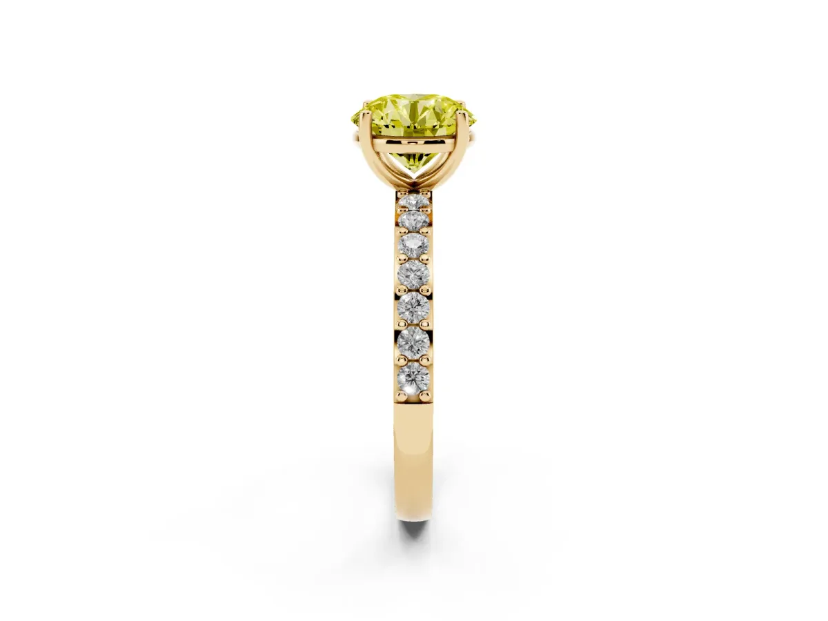 Fancy Yellow Round Cut Cut Diamond Solitaire with Pave Band and Four-Prong Setting Yellow gold