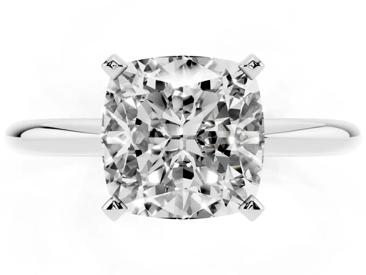 Cushion Cut Diamond Solitaire Ring with Prong Setting and Classic Band Platinum