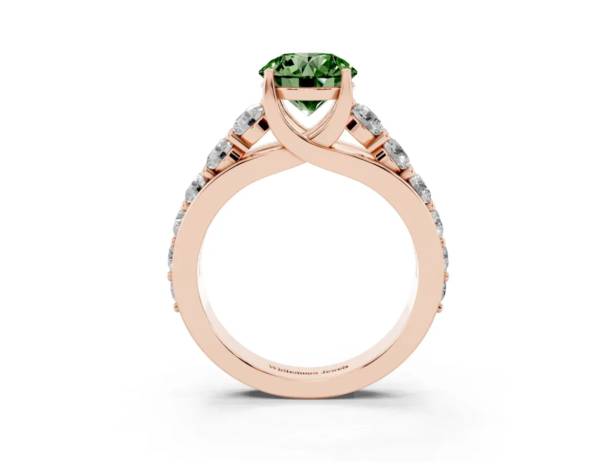Fancy Green Round Cut Diamond Engagement Ring with Pavé Band and Four-Prong Setting Rose gold