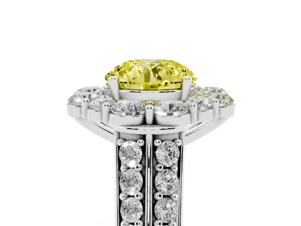 Fancy Yellow Round Cut Halo Diamond Engagement Ring with Split Shank and Prong Setting Silver