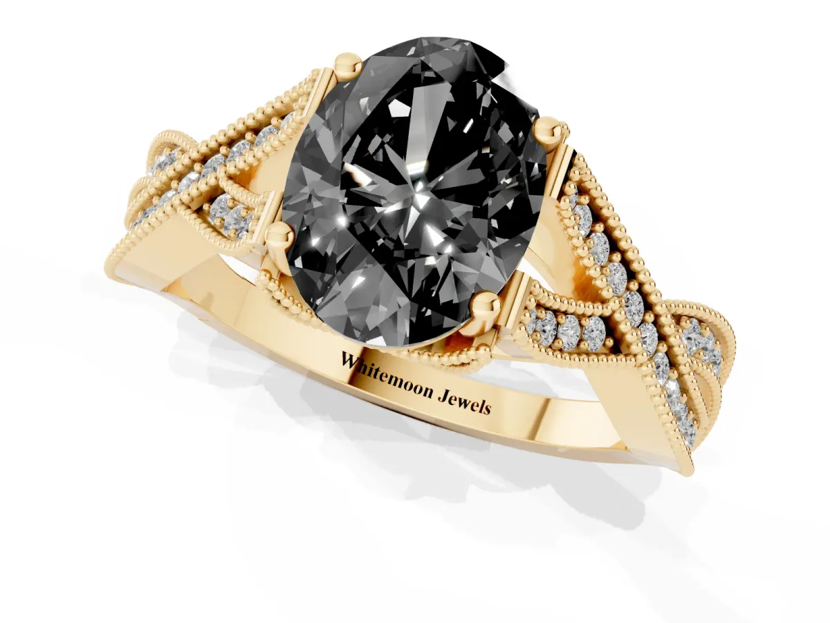 Fancy Black Oval Cut Cut Diamond Twisted Band with Milgrain Pave Setting and Four-Prong Setting Yellow gold