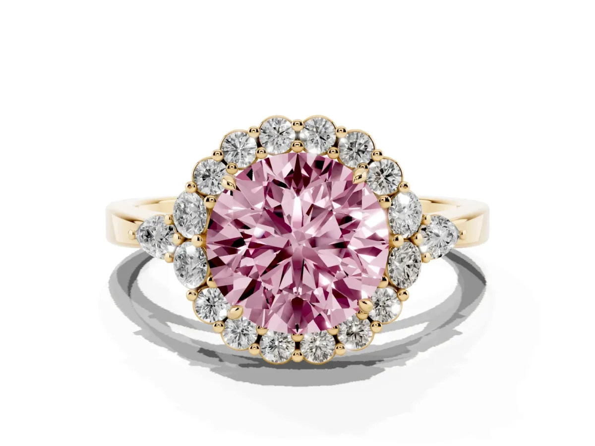 Fancy Pink Round Cut Diamond Halo Ring with Pear Side Stones and Prong Setting Yellow gold