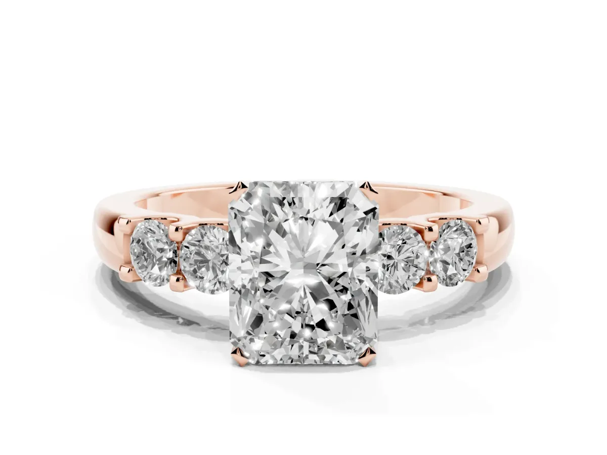 Radiant Cut Brilliant Cut Diamond Five-Stone Prong Set Engagement Ring with Channel Band Rose gold