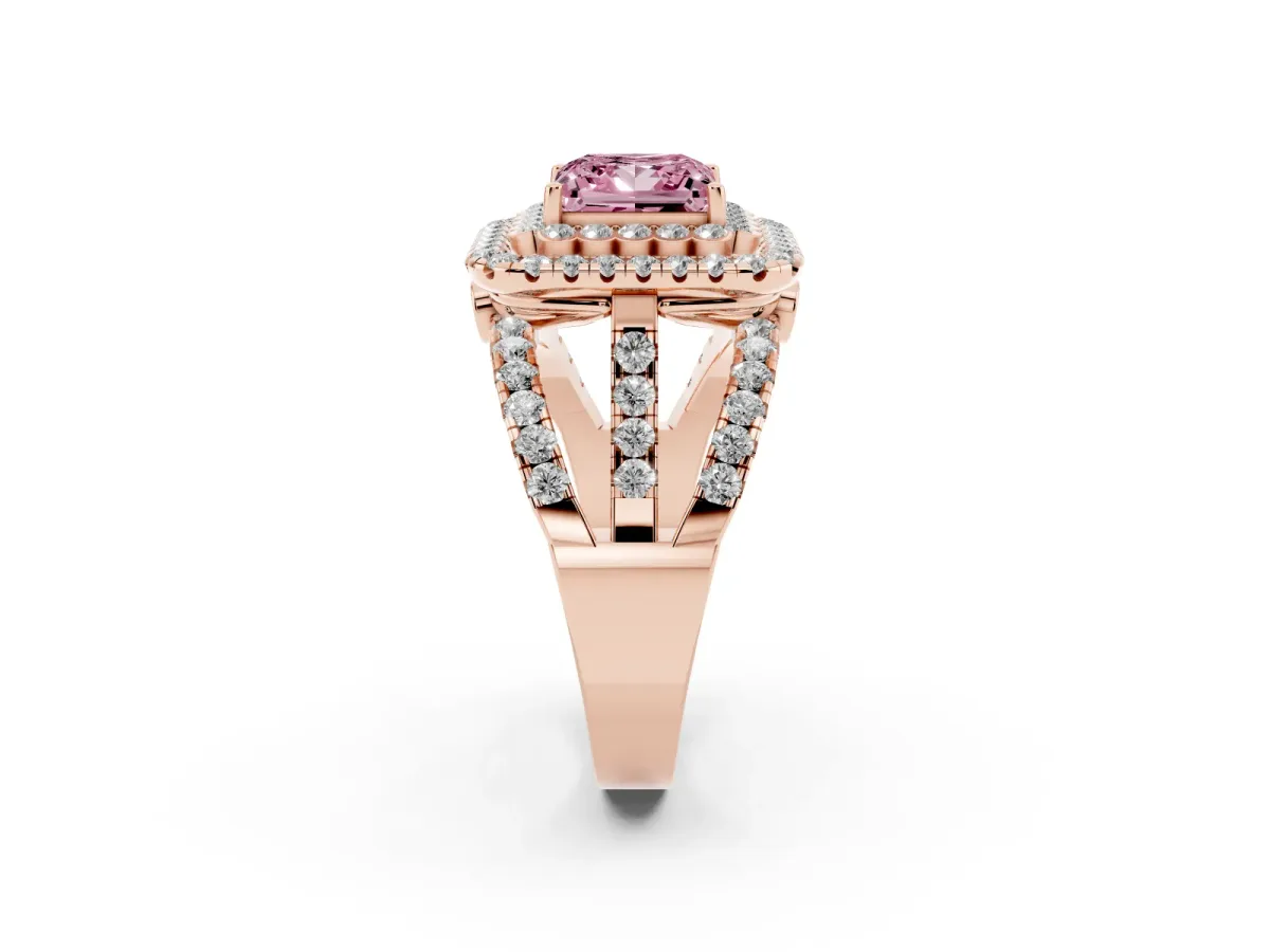 Fancy Pink Princess Cut Diamond Double Halo Ring with Round Pavé Split Shank and Prong Setting Rose gold