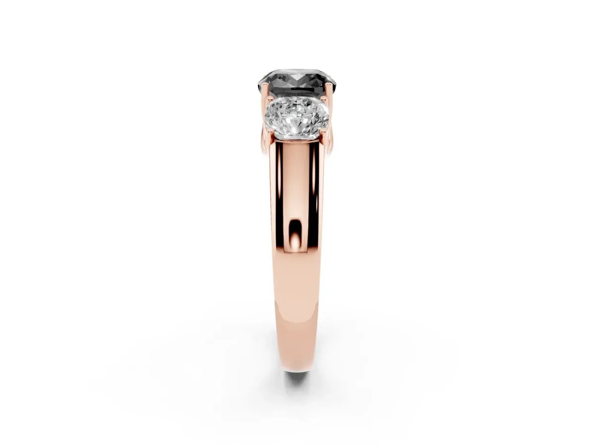 Fancy Black Three-Stone Cushion Cut Cut Diamond Ring with Prong Setting and Classic Band Rose gold