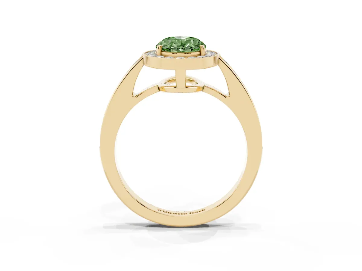 Fancy Green Oval Cut Halo Pavé Diamond Engagement Ring with Bezel Setting Yellow gold