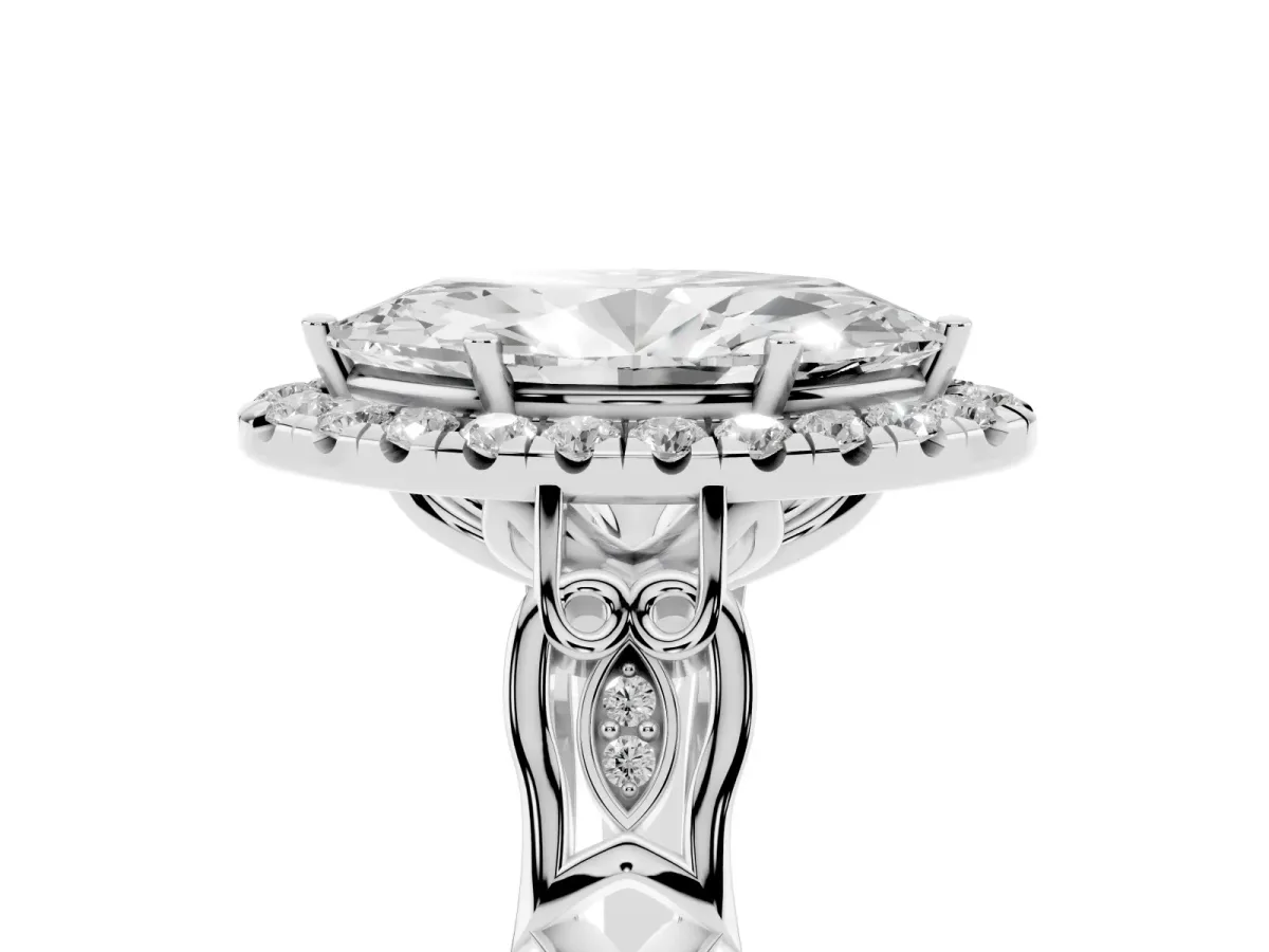 Marquise Cut Halo Diamond Engagement Ring with Filigree Band and Four-Prong Setting White gold