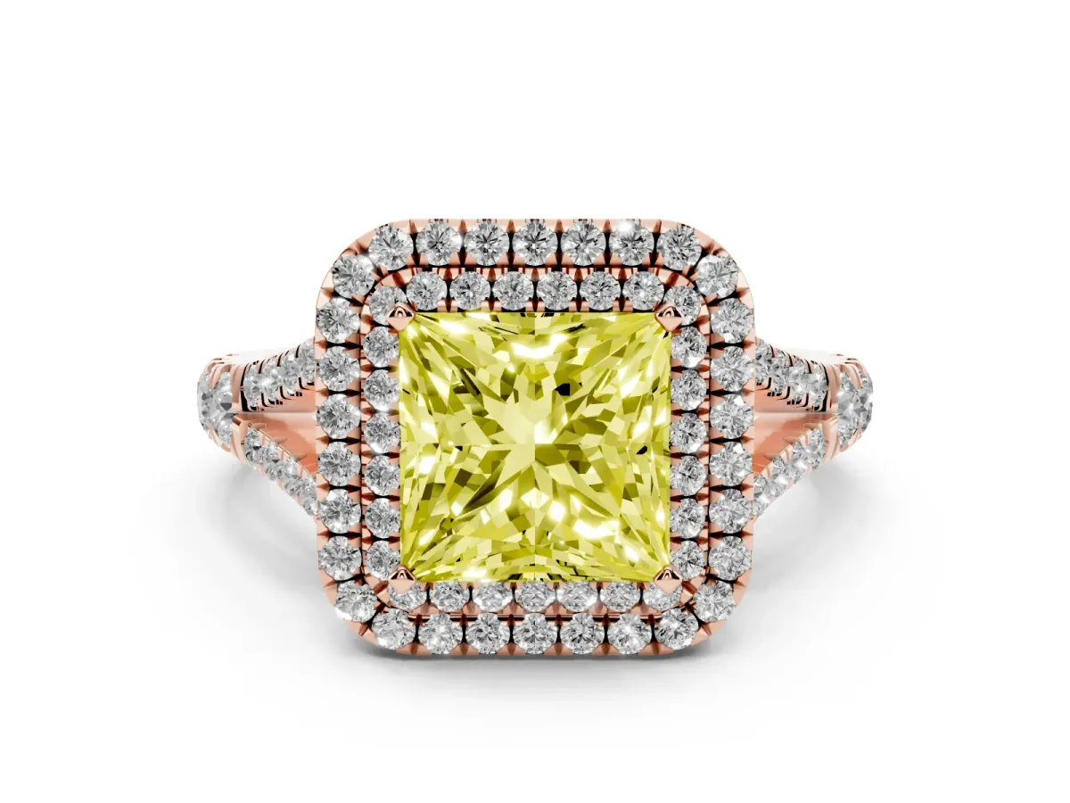 Fancy Yellow Princess Cut Diamond Pavé Split Shank Double Halo Engagement Ring Rose gold