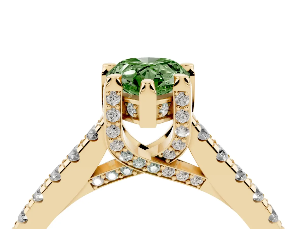 Fancy Green Pear Cut Brilliant Diamond Solitaire with Pavé Band and Four-Prong Setting Yellow gold