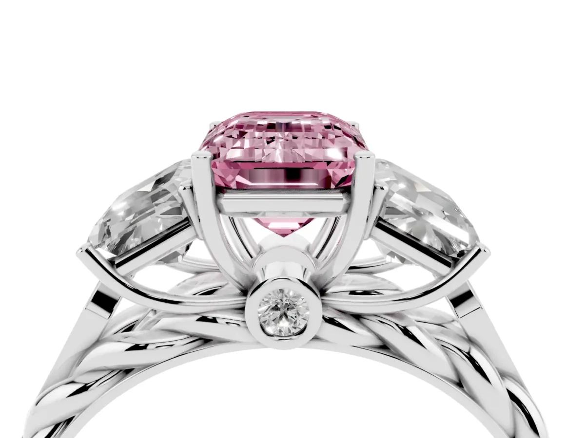 Fancy Pink Three-Stone Emerald Cut Diamond Braided Band Ring with Four-Prong Setting Platinum