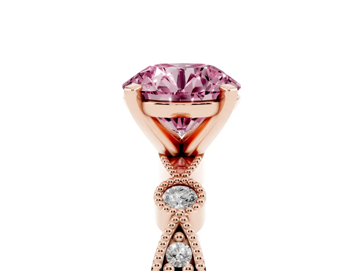 Fancy Pink Round Cut Milgrain Bezel Diamond Engagement Ring with Solitaire Prong Setting Rose gold