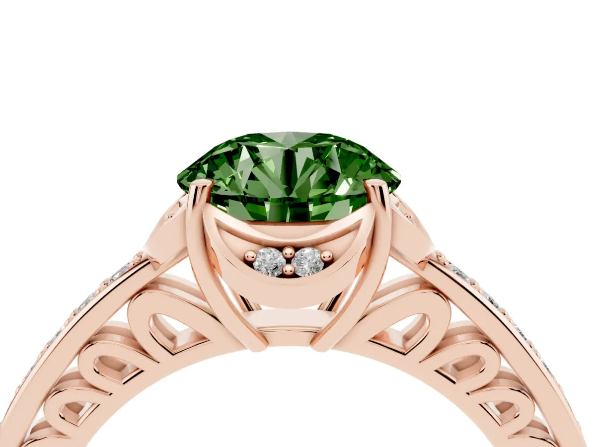 Fancy Green Round Cut Cut Halo Diamond Ring with Channel Set Band and Four-Prong Setting Rose gold