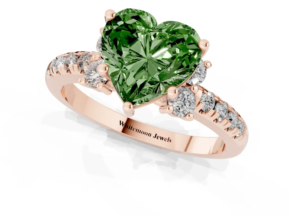 Fancy Green Heart Cut Diamond Three-Stone Pave Band with Four-Prong Setting Rose gold