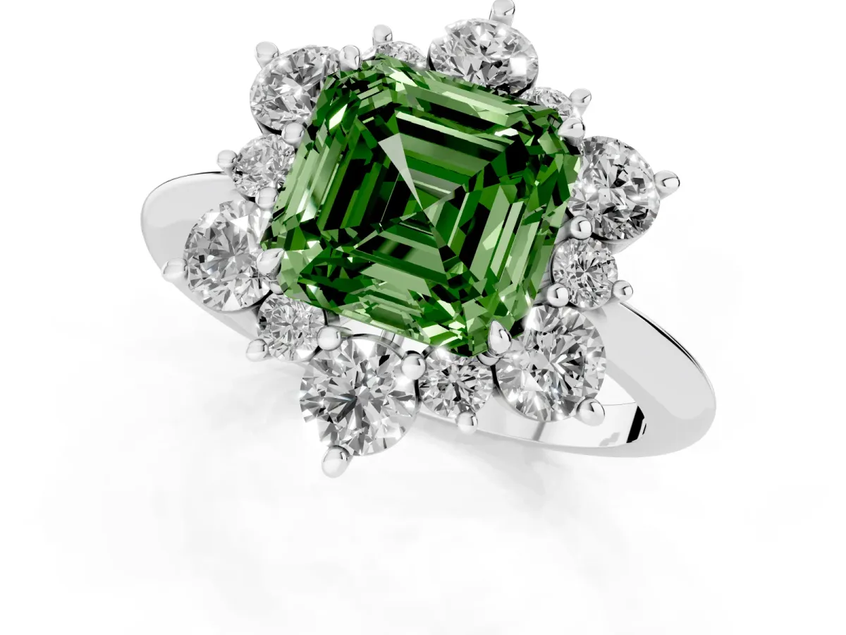 Fancy Green Asscher Cut Diamond Cluster Halo Ring with Solitaire Band and Four-Prong Setting White gold