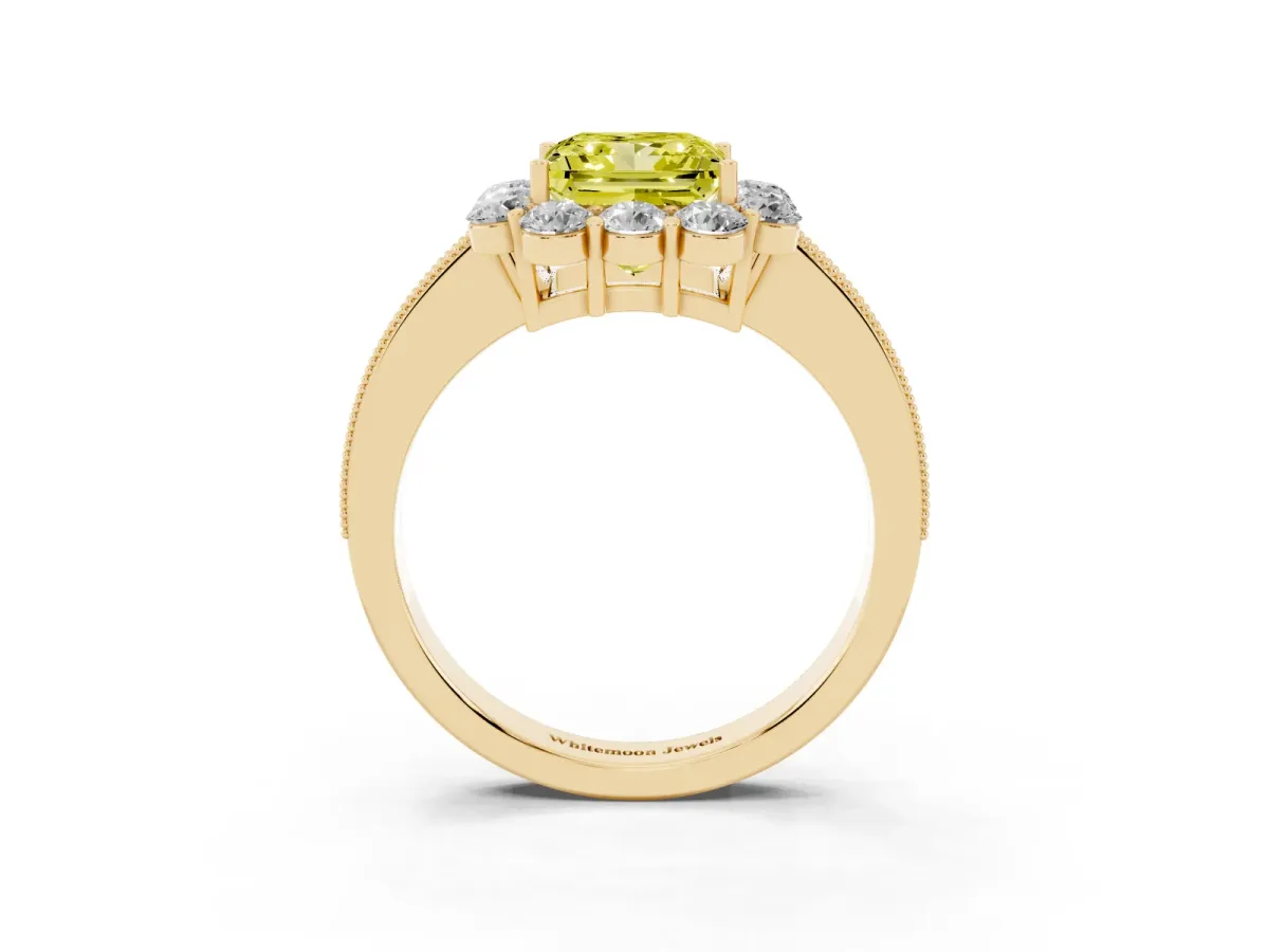 Fancy Yellow Princess Cut Cut Halo Diamond Pavé Engagement Ring with Milgrain Detailing Yellow gold