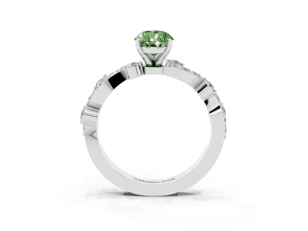 Fancy Green Pear Cut Cut Solitaire Diamond Twisted Band with Pave Setting White gold