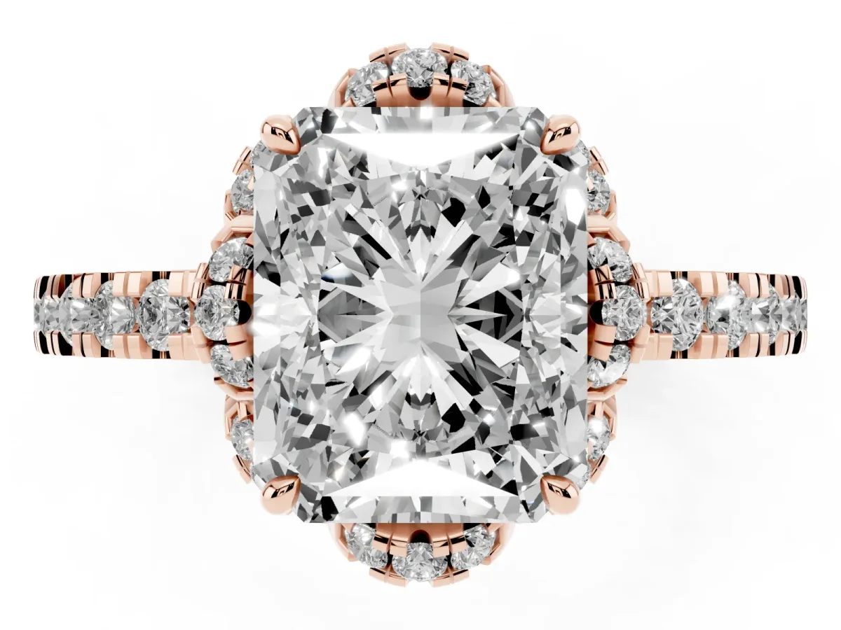 Radiant Cut Diamond Halo Pave Band with Four-Prong Setting Rose gold