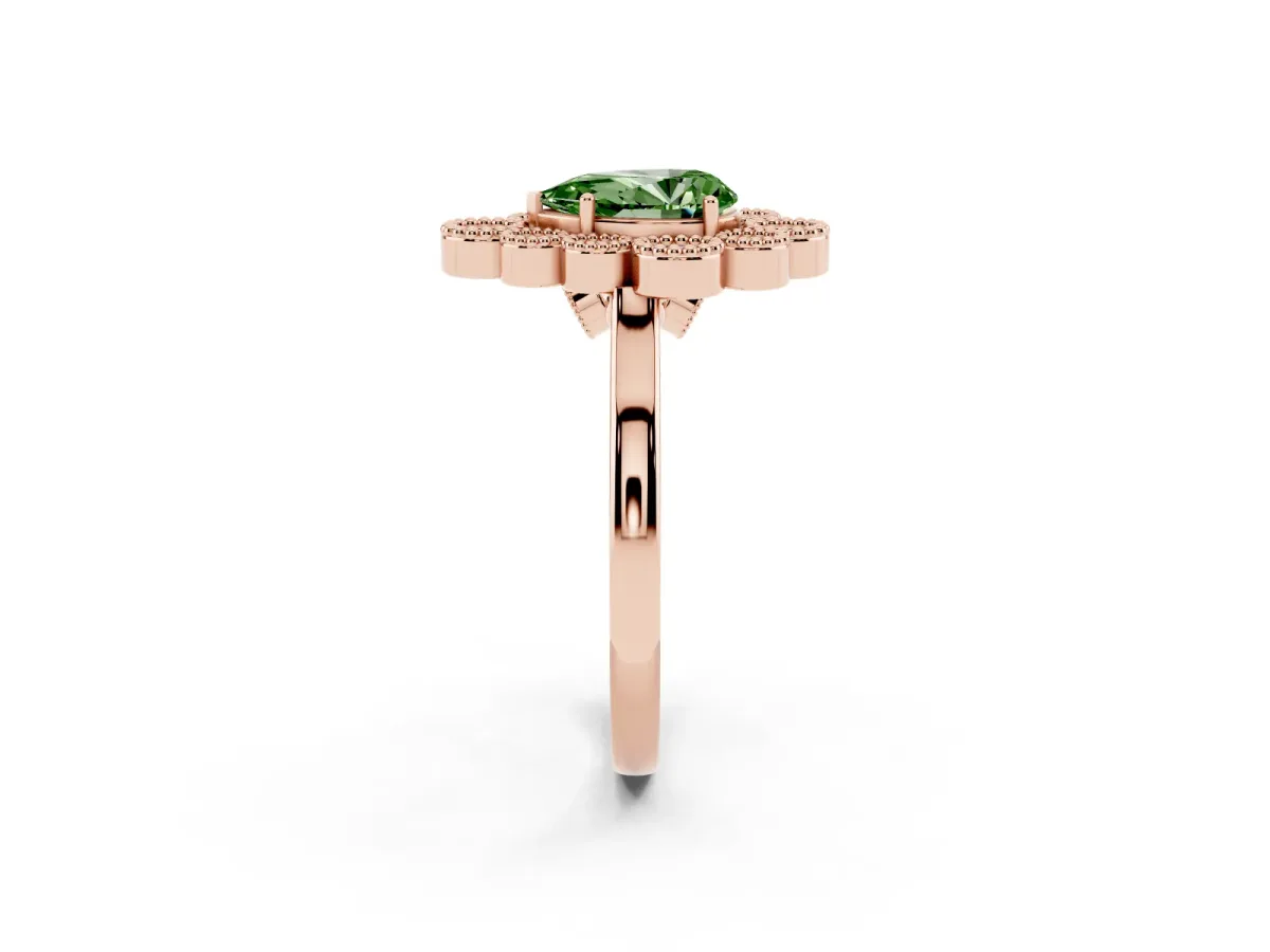 Fancy Green Pear Cut Halo Diamond Cluster Engagement Ring with Milgrain Bezel Setting and Solitaire Band Rose gold
